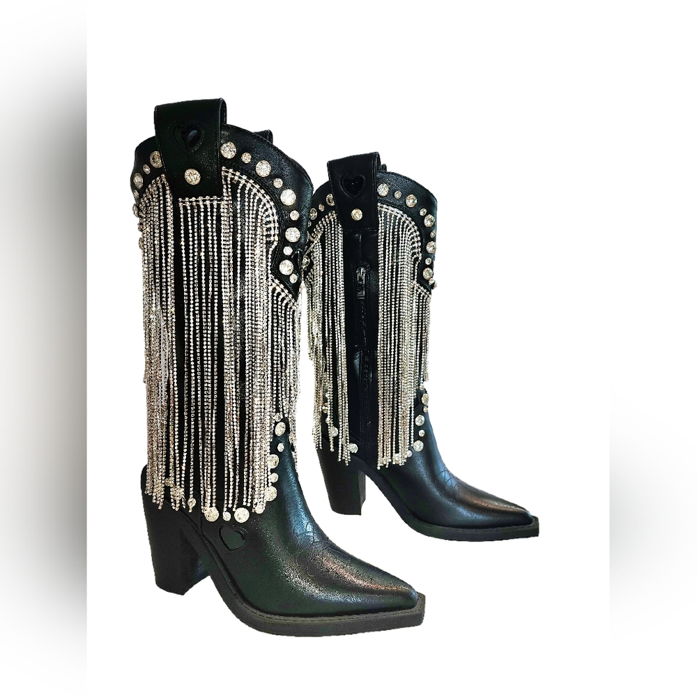 NWOT Black Rhinestone Fringe Western Boots Dolls Kill Size 5